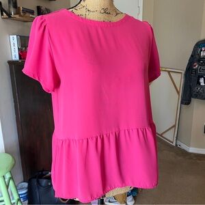 LOFT Pink Peplum Blouse with Crew Neck and Short Sleeves